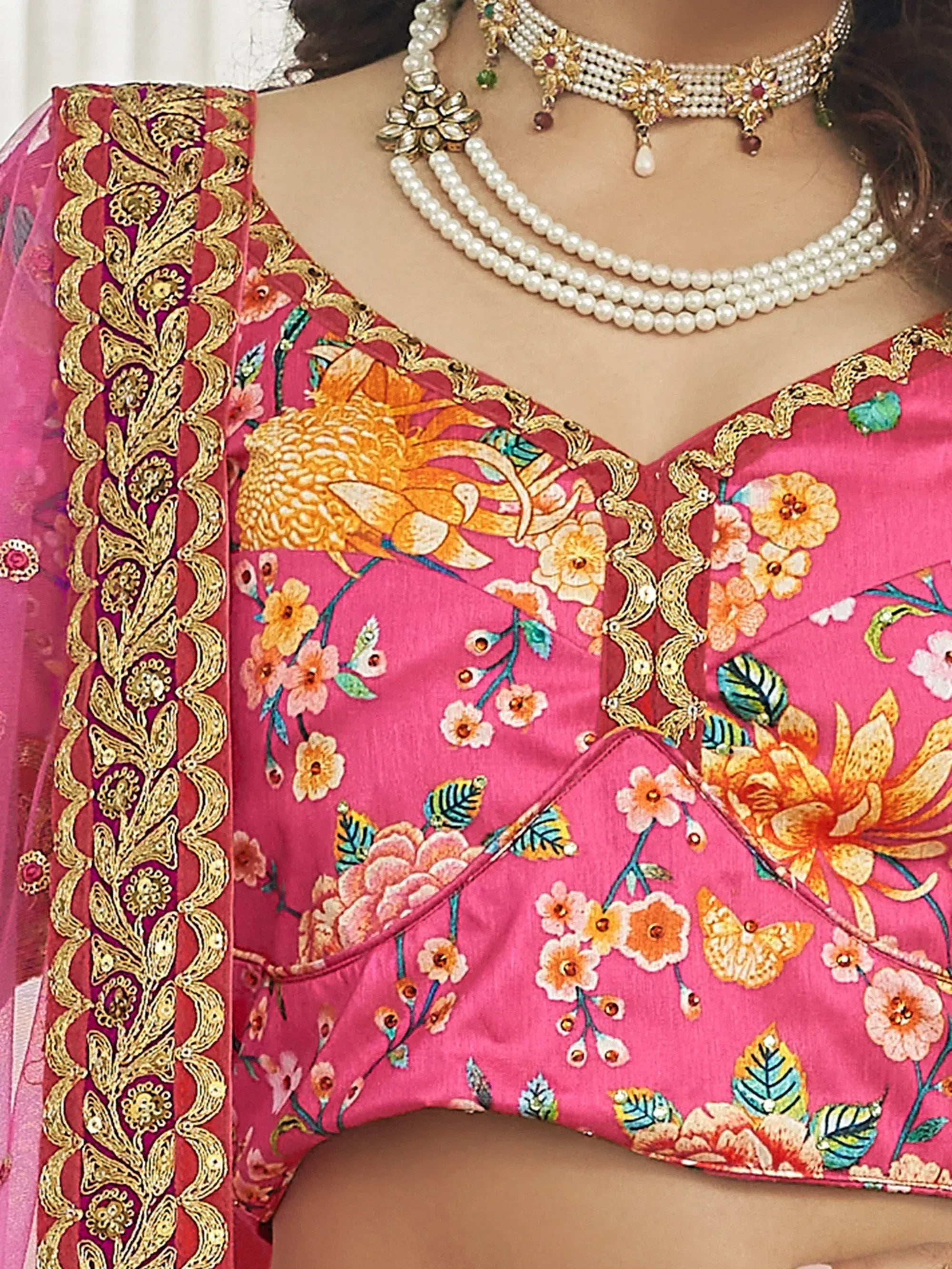 Fabulous Pink Floral Printed Silk Function Wear Plus Size Lehenga Choli