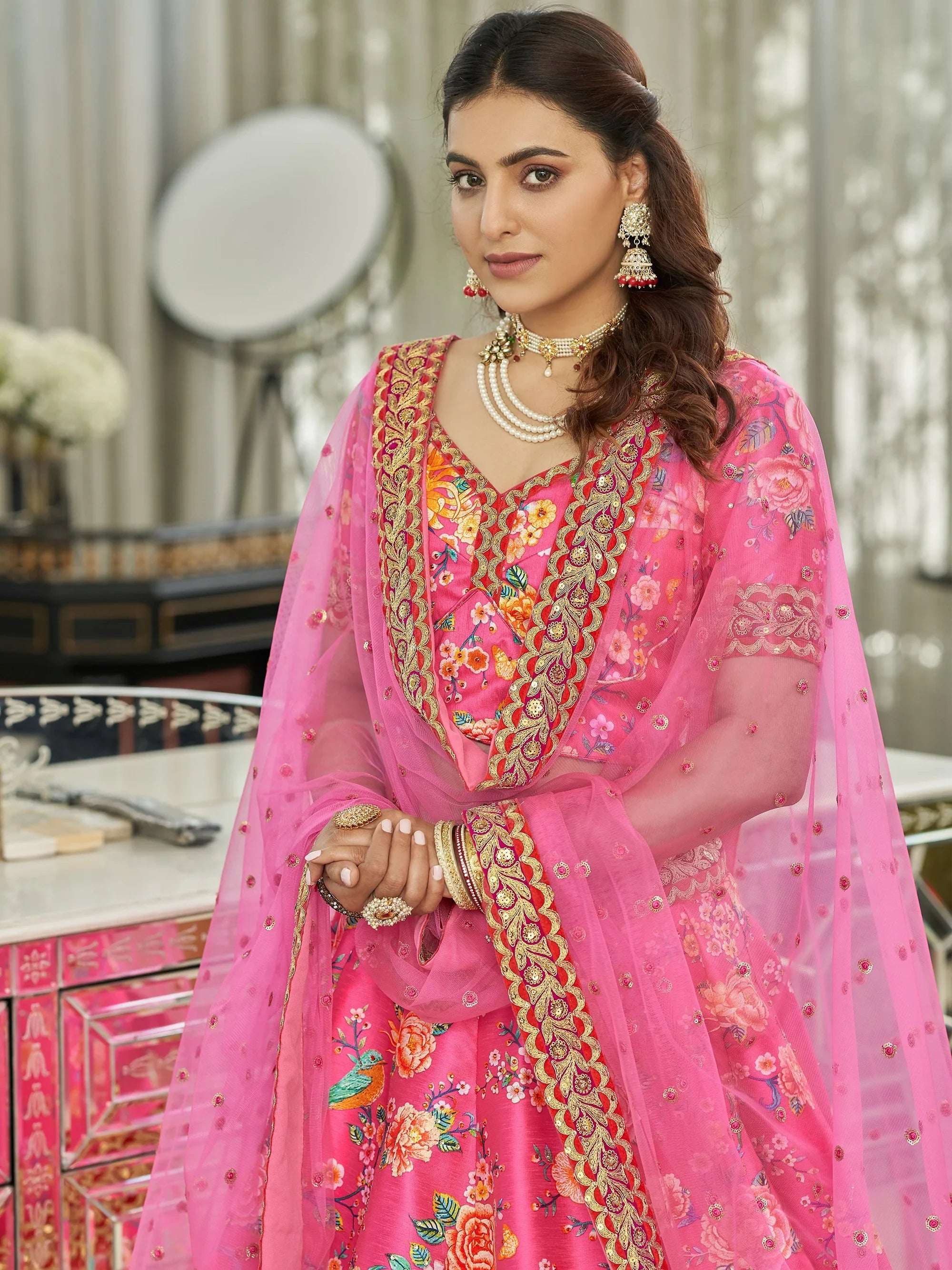 Fabulous Pink Floral Printed Silk Function Wear Plus Size Lehenga Choli