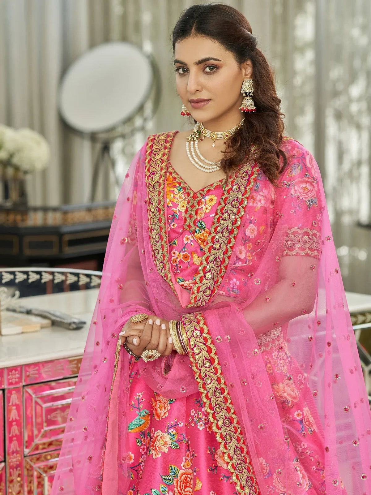 Fabulous Pink Floral Printed Silk Function Wear Plus Size Lehenga Choli