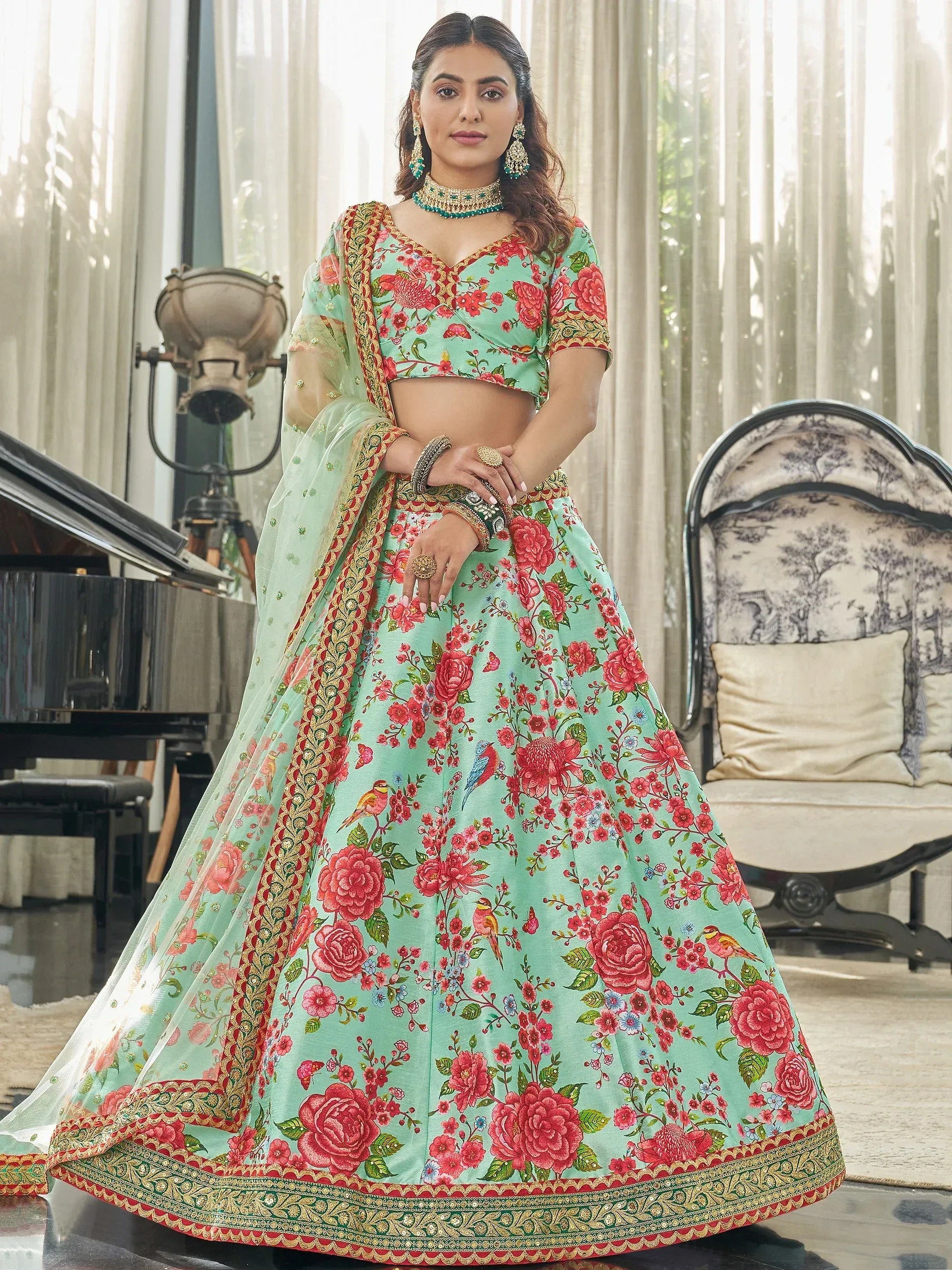 Beautiful Green Printed Silk Sangeet Wear Plus Size Lehenga Choli