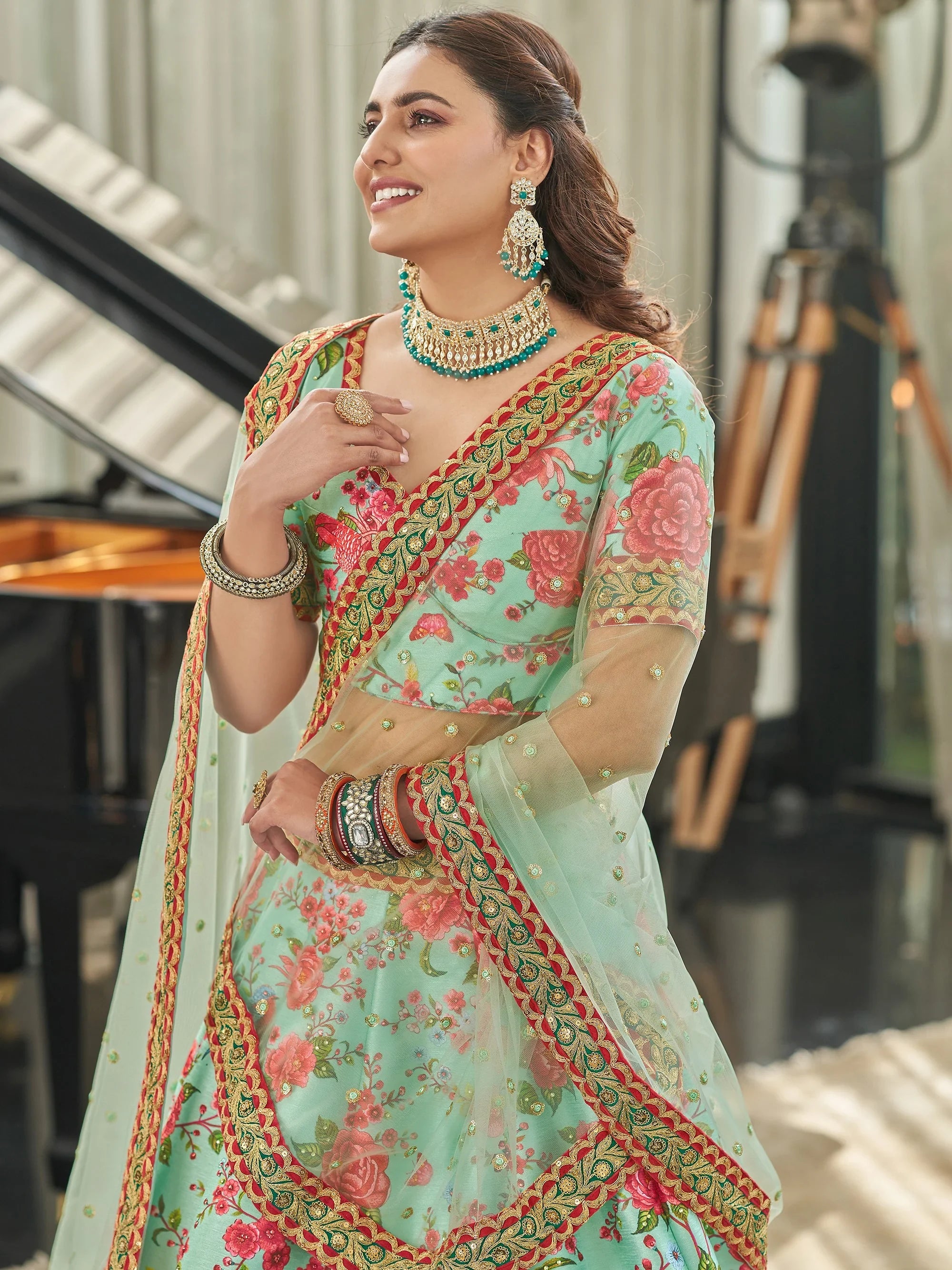 Beautiful Green Printed Silk Sangeet Wear Plus Size Lehenga Choli
