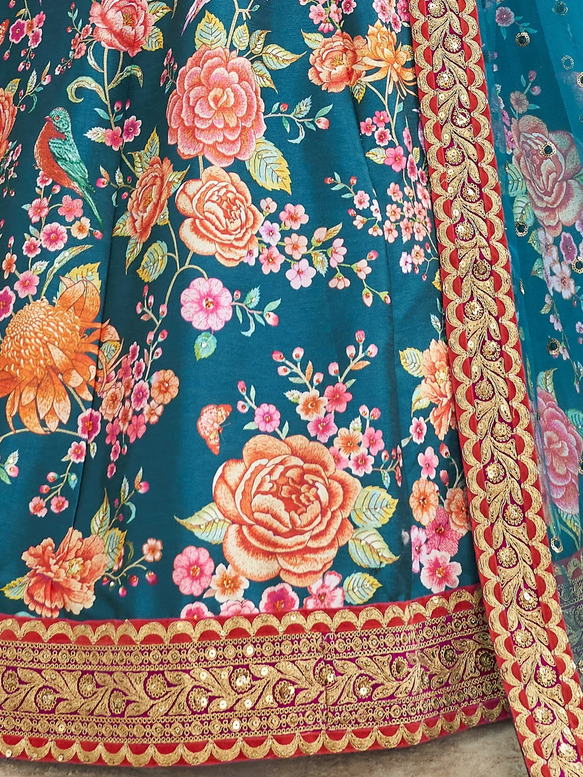 Teal floral lehenga with gold embroidery and red border, Indian ethnic wear