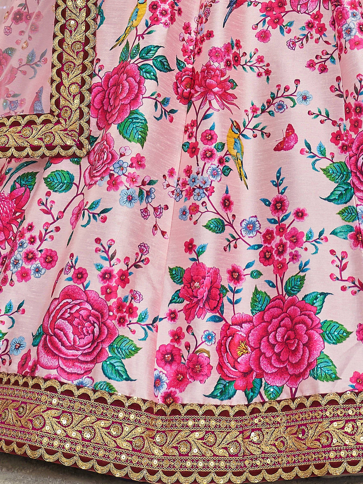 Pink floral lehenga with gold embroidery and bird motifs, Indian ethnic wear