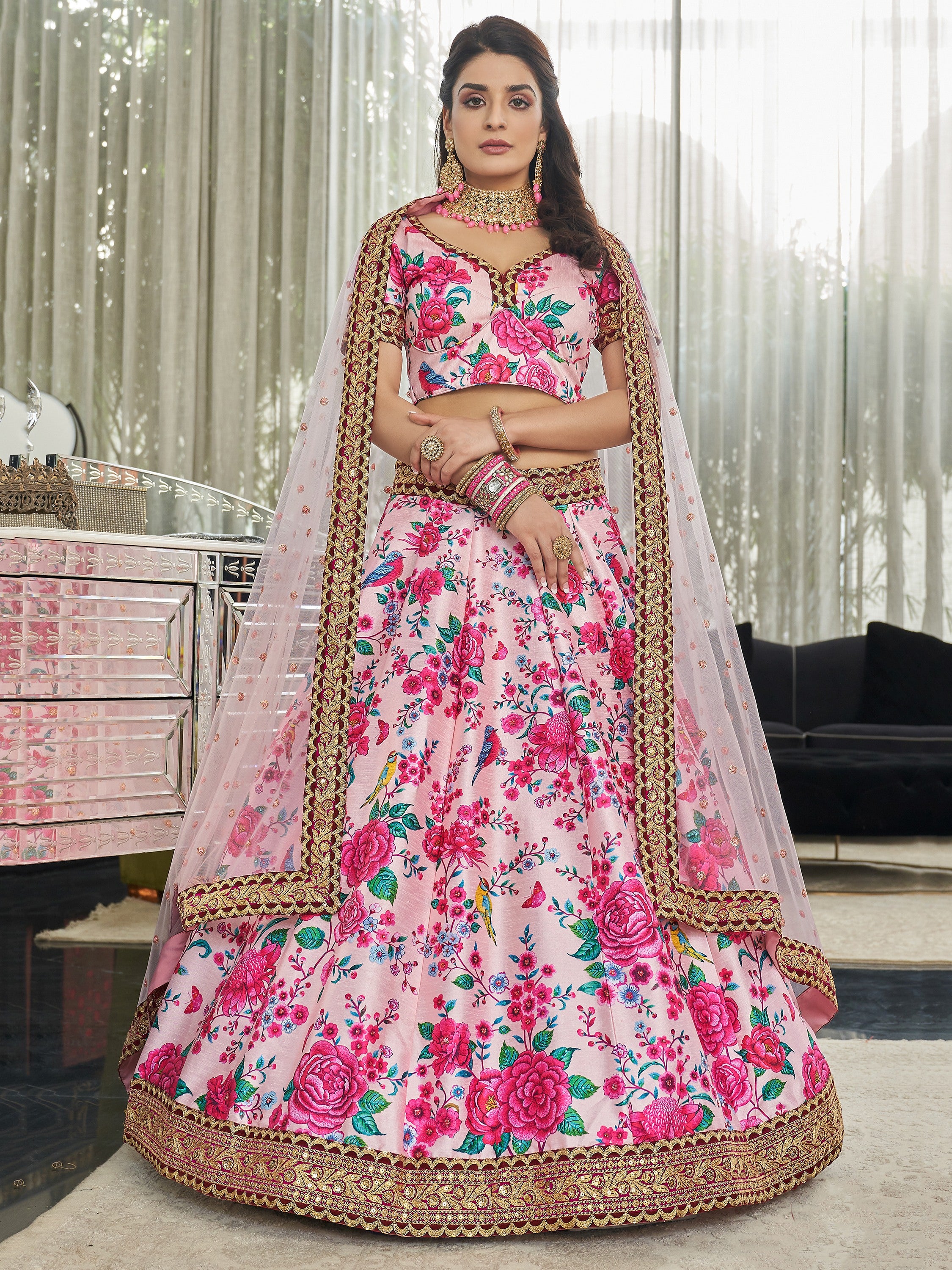 Stylish Pink Printed Silk Engagement Wear Plus Size Lehenga Choli