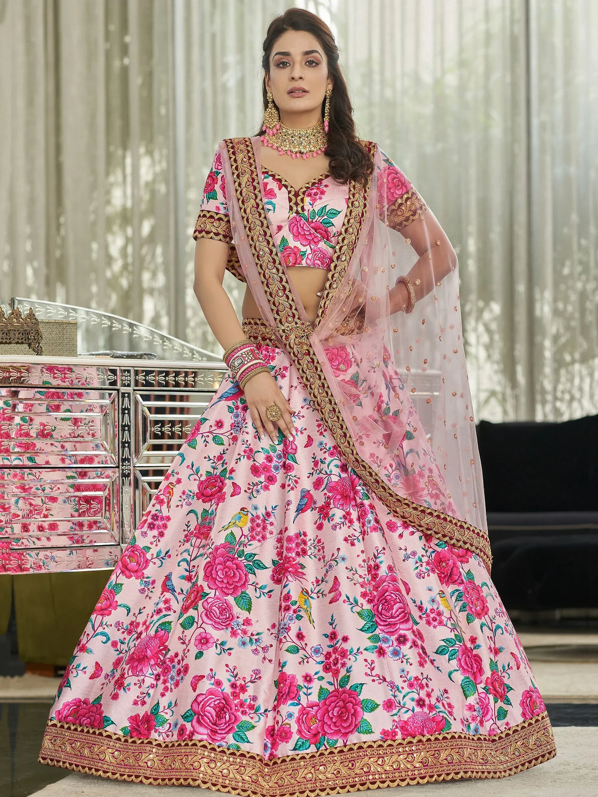 Stylish Pink Printed Silk Engagement Wear Plus Size Lehenga Choli