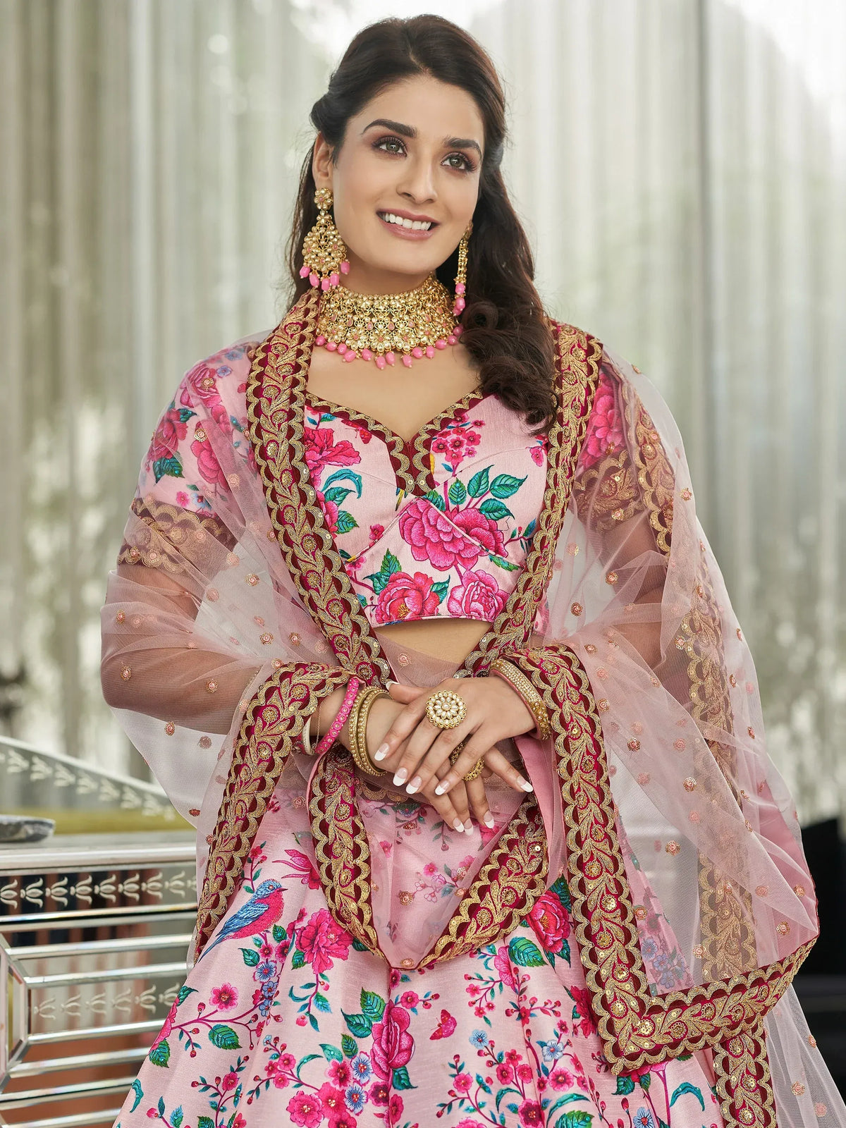 Stylish Pink Printed Silk Engagement Wear Plus Size Lehenga Choli