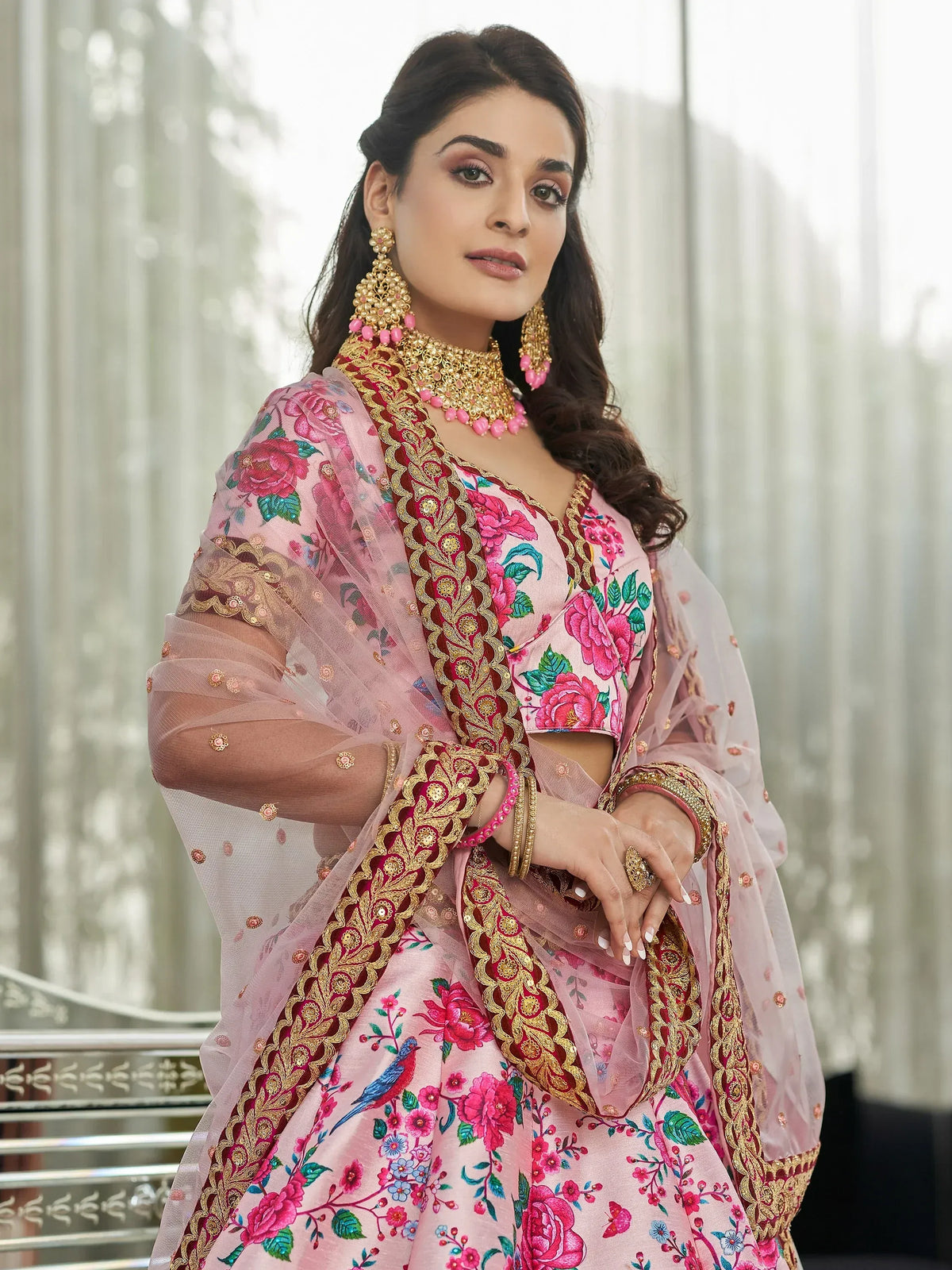 Stylish Pink Printed Silk Engagement Wear Plus Size Lehenga Choli