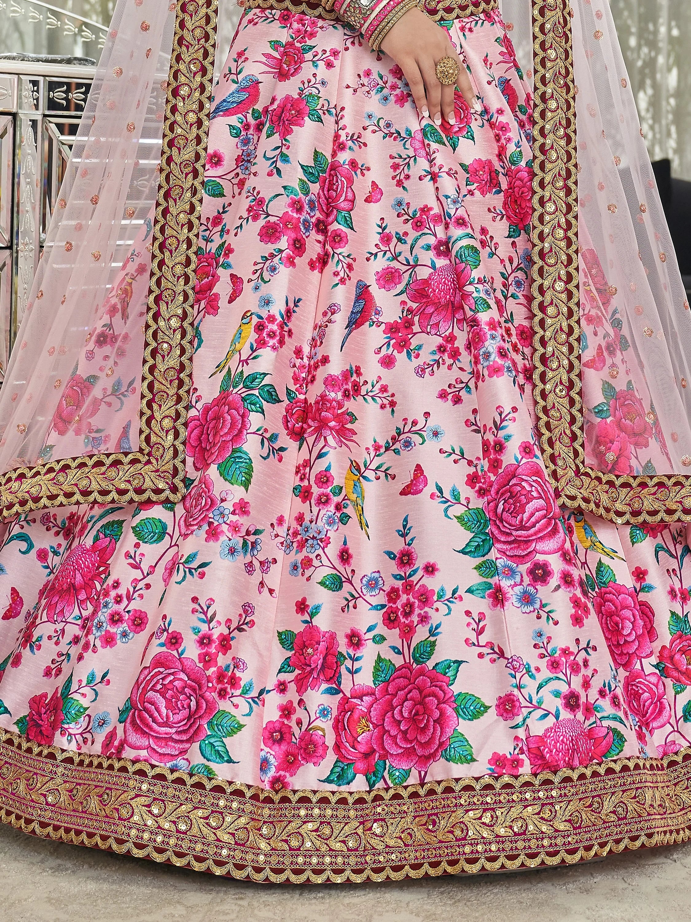 Stylish Pink Printed Silk Engagement Wear Plus Size Lehenga Choli
