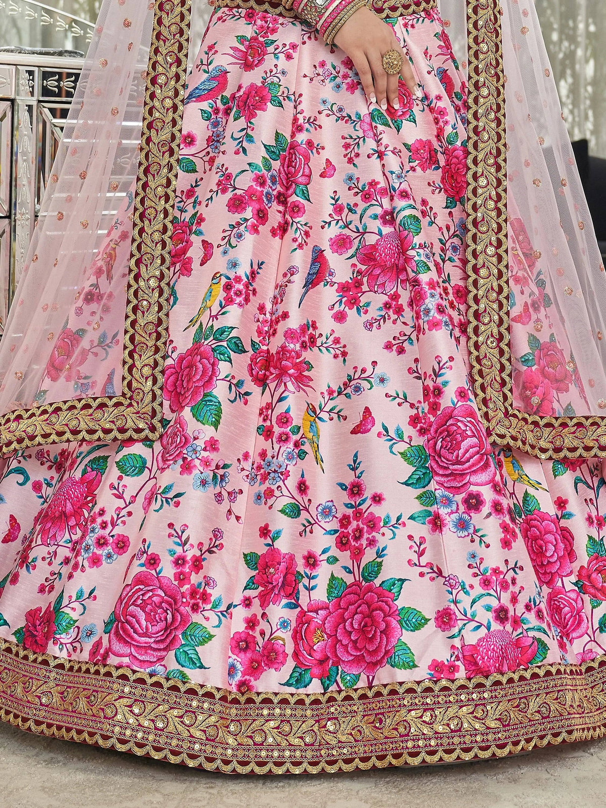 Stylish Pink Printed Silk Engagement Wear Plus Size Lehenga Choli