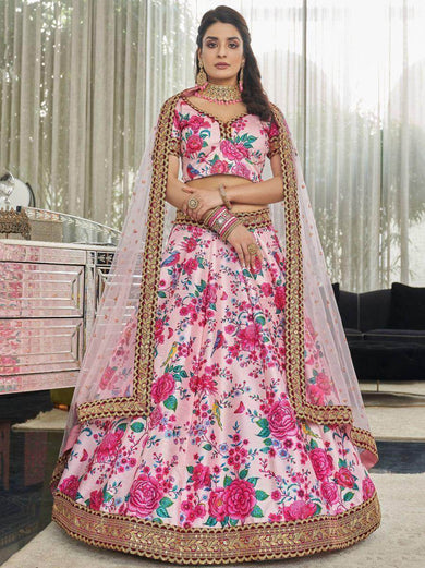 Ravishing Light Pink Floral Printed Art Silk Lehenga Choli