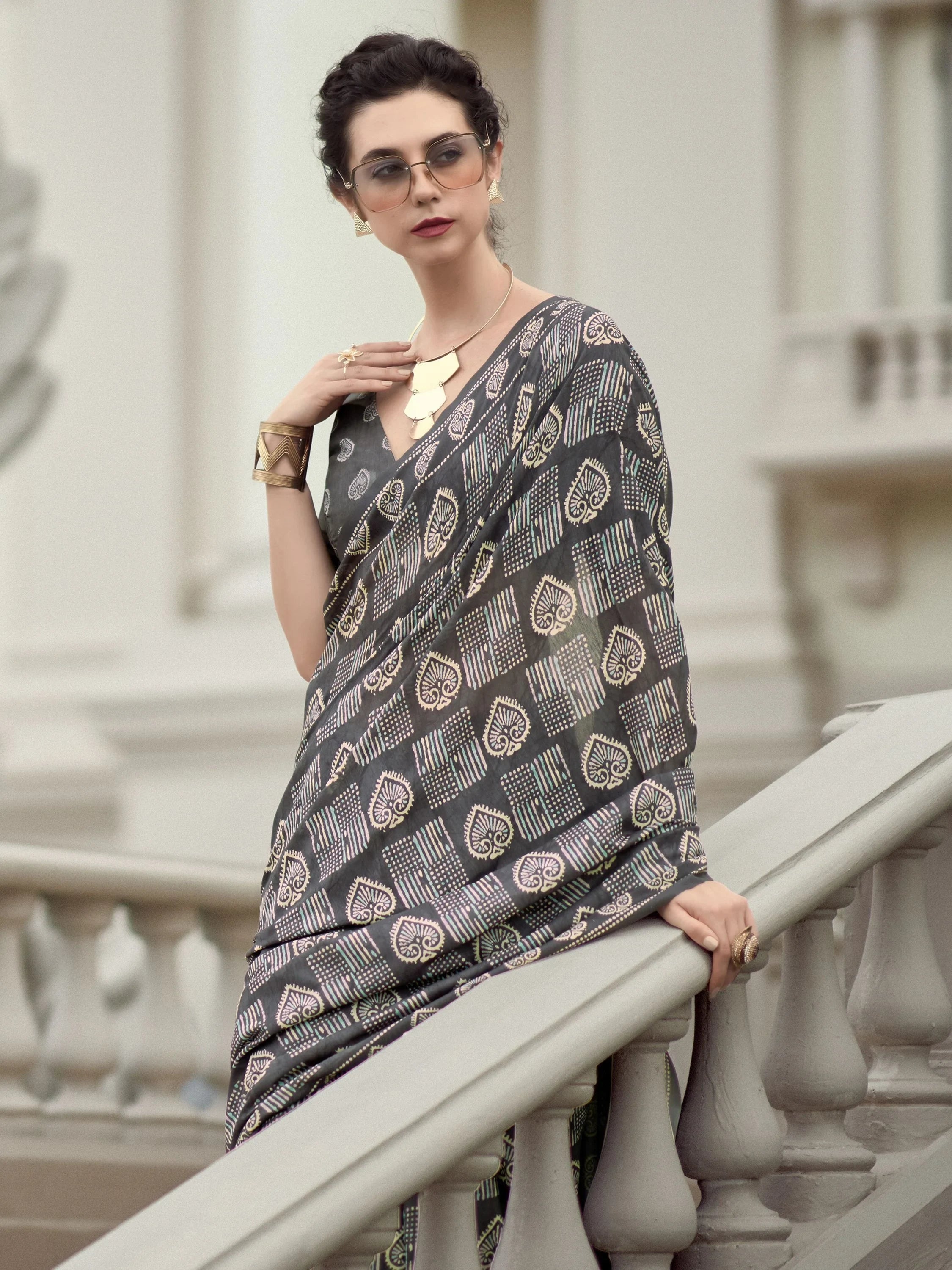 Lovely Grey Printed Mal Mal Silk Event Wear Saree With Blouse