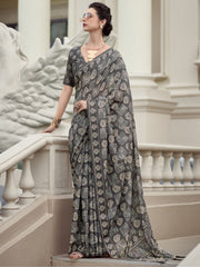 Lovely Grey Printed Mal Mal Silk Event Wear Saree With Blouse