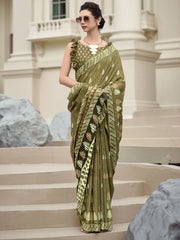 Lovely Olive Green Printed Mal Mal Silk Event Wear Saree With Blouse