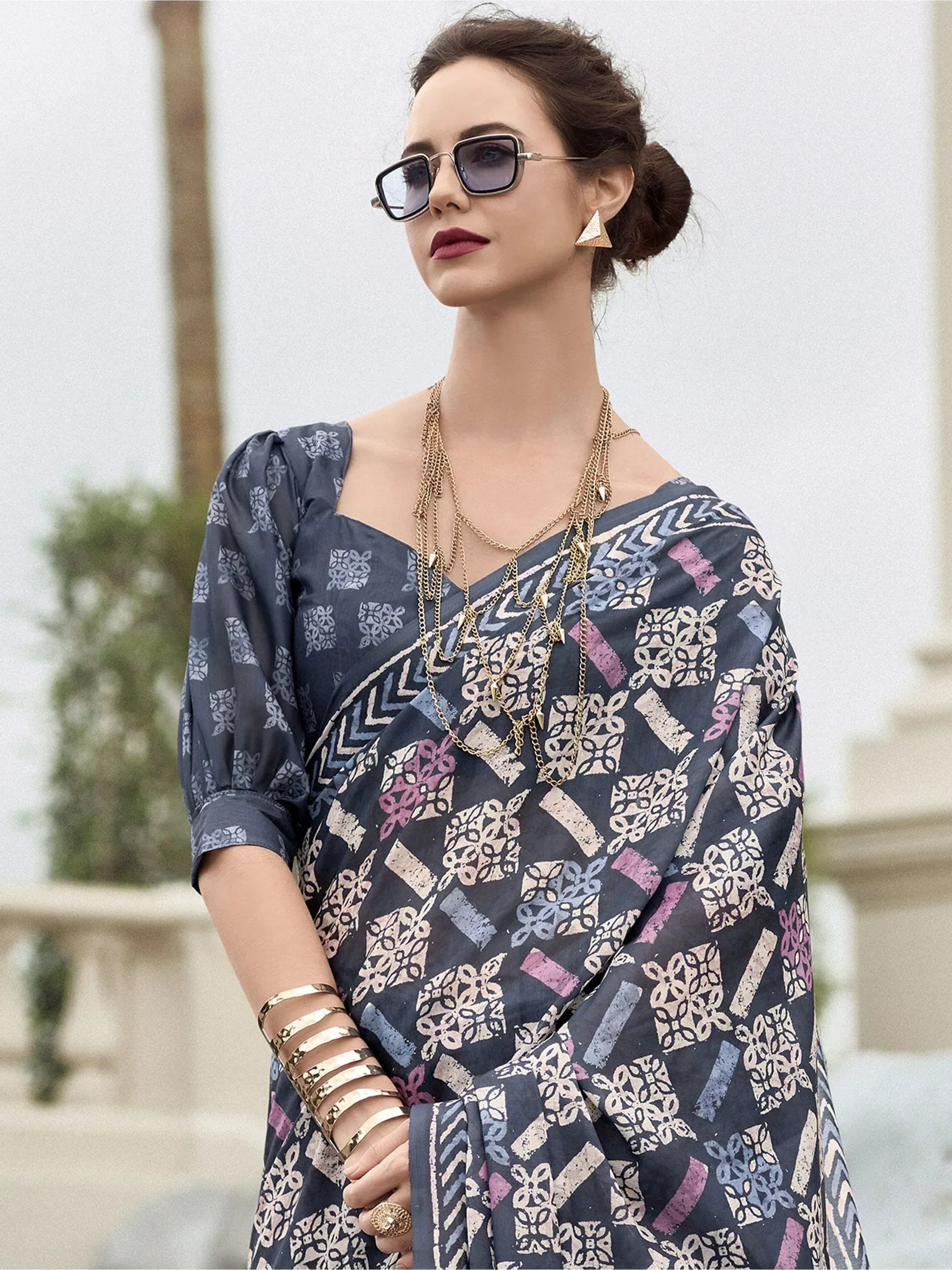 Pretty Navy Blue Printed Mal Mal Silk Casual Wear Saree With Blouse