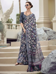 Pretty Navy Blue Printed Mal Mal Silk Casual Wear Saree With Blouse
