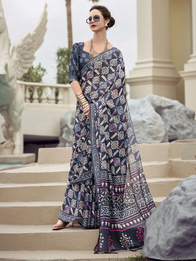 Pretty Navy Blue Printed Mal Mal Silk Casual Wear Saree With Blouse