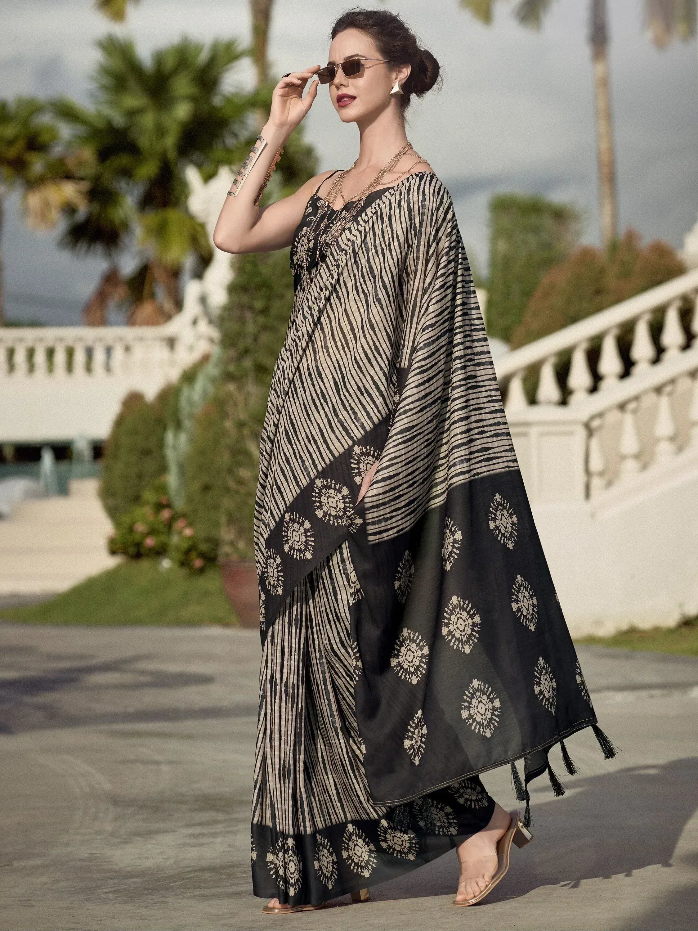 Exquisite Black Printed Mal Mal Silk Function Wear Saree With Blouse