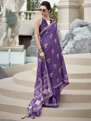 Glorious Purple Printed Mal Mal Silk Festival Wear Saree With Blouse