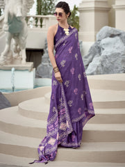 Glorious Purple Printed Mal Mal Silk Festival Wear Saree With Blouse
