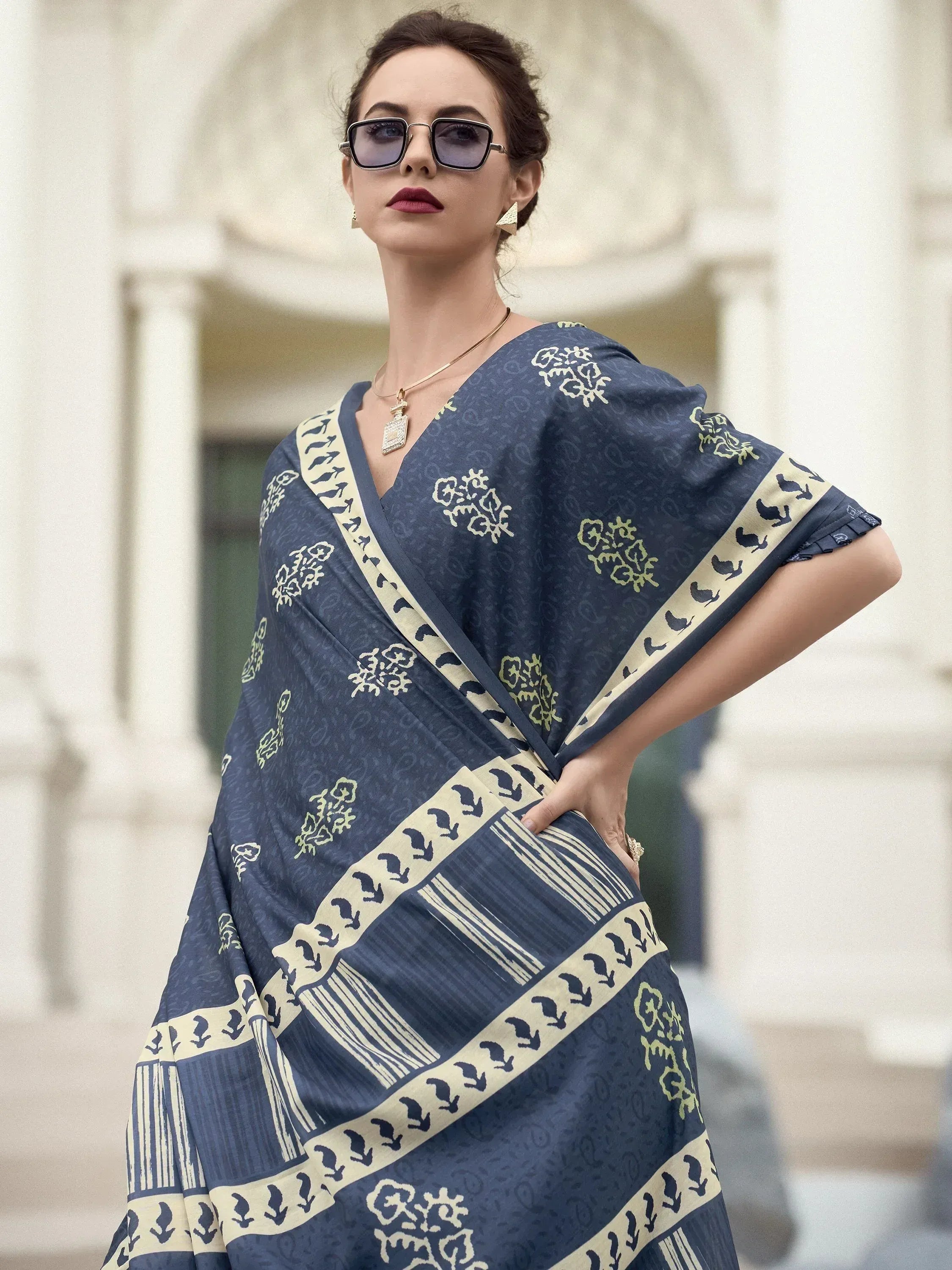 Majestic Navy Blue Printed Mal Mal Silk Office Wear Saree With Blouse