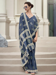Majestic Navy Blue Printed Mal Mal Silk Office Wear Saree With Blouse
