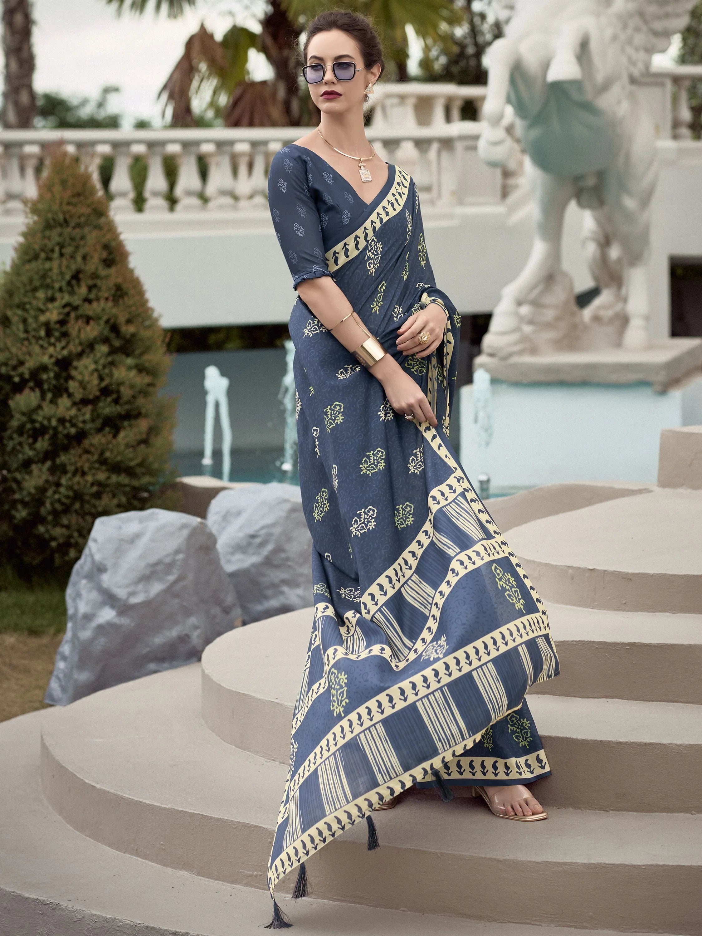 Majestic Navy Blue Printed Mal Mal Silk Office Wear Saree With Blouse