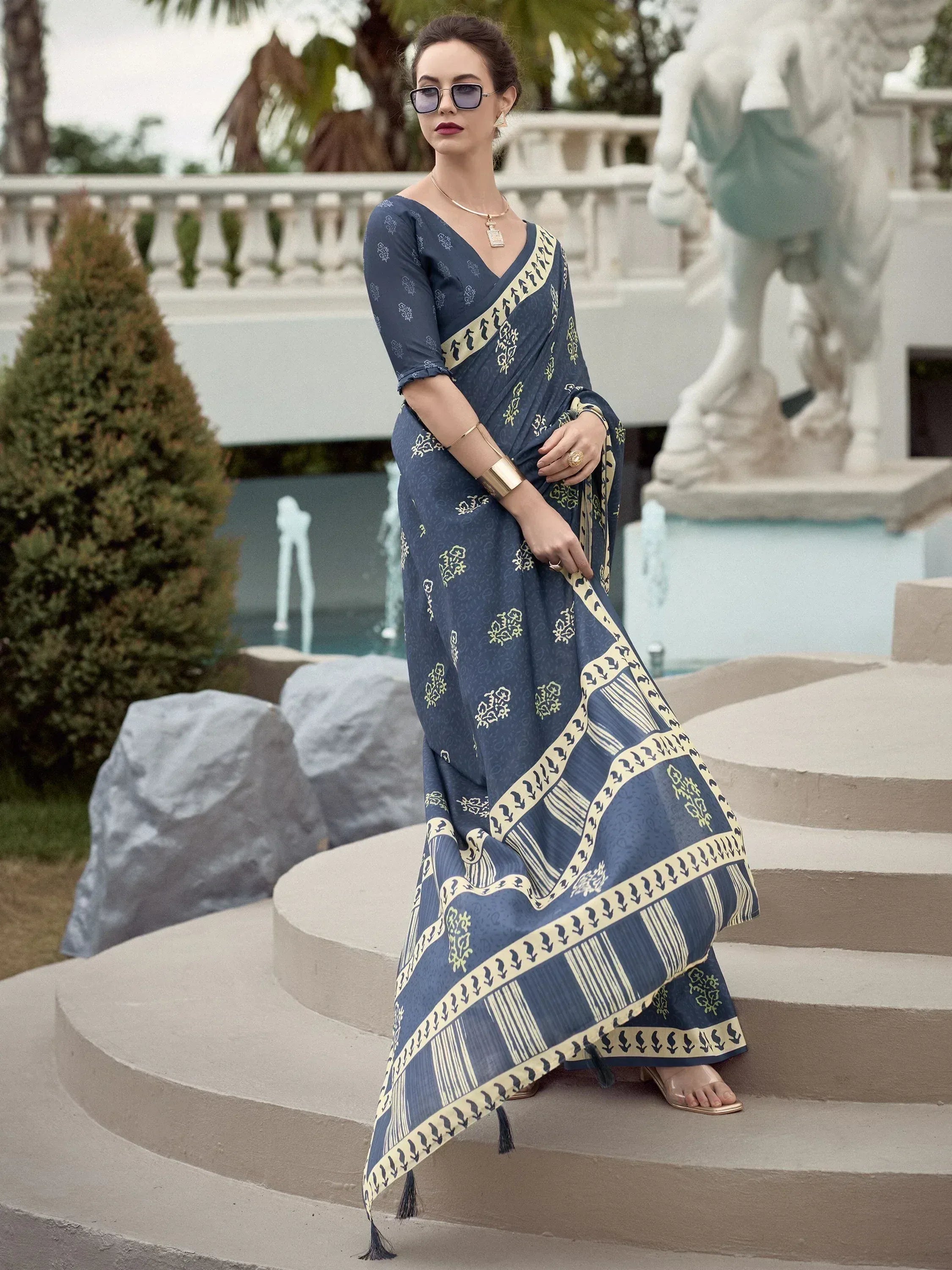 Majestic Navy Blue Printed Mal Mal Silk Office Wear Saree With Blouse