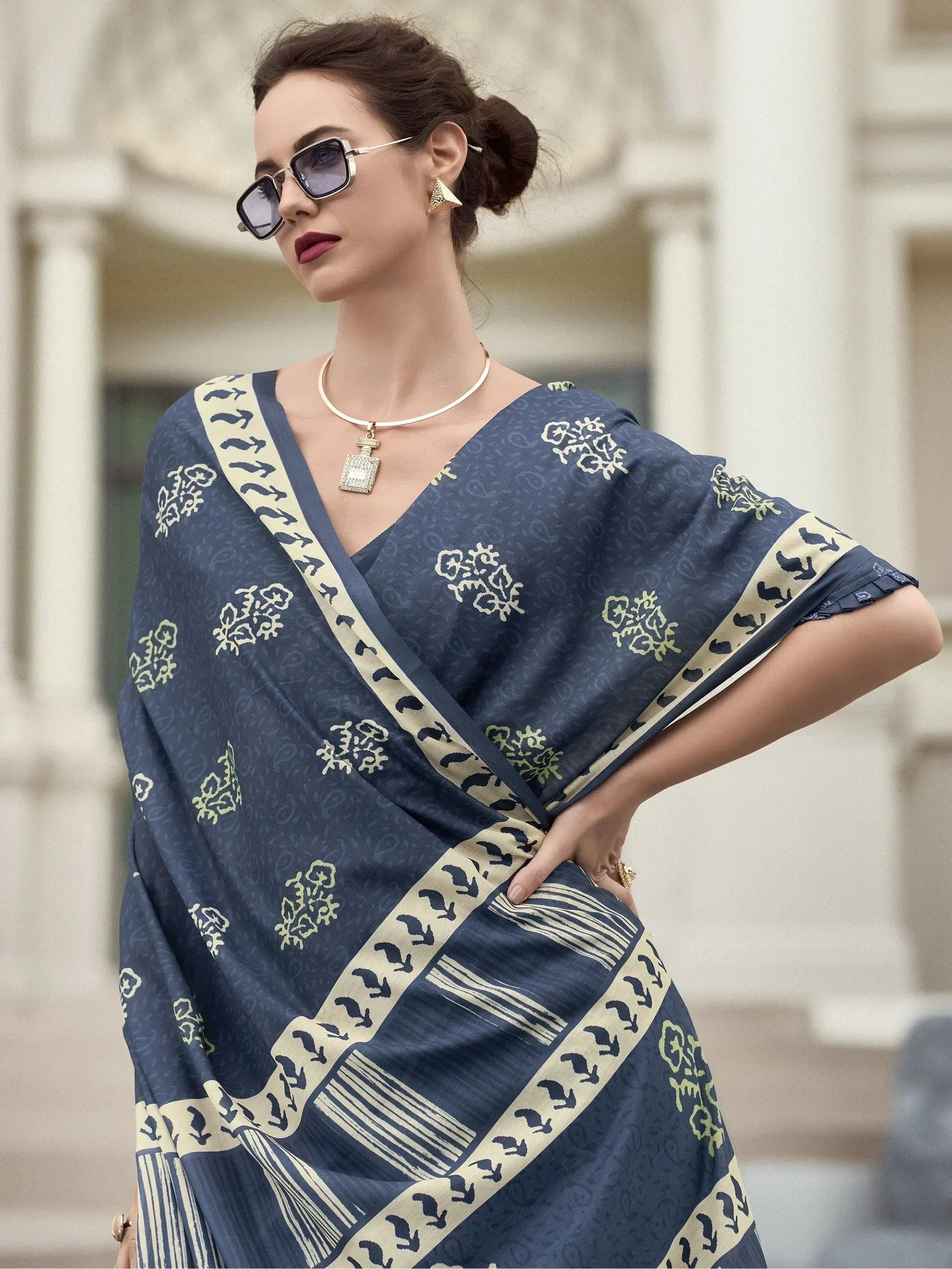 Majestic Navy Blue Printed Mal Mal Silk Office Wear Saree With Blouse
