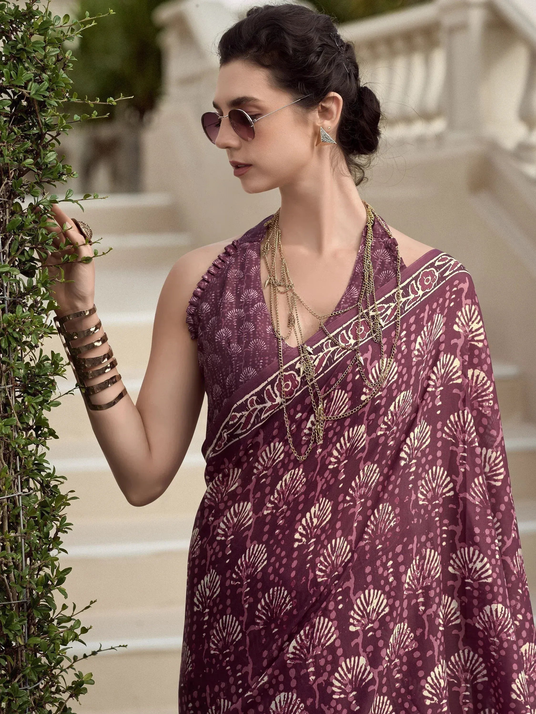 Winsome Wine Printed Mal Mal Silk Office Wear Saree With Blouse