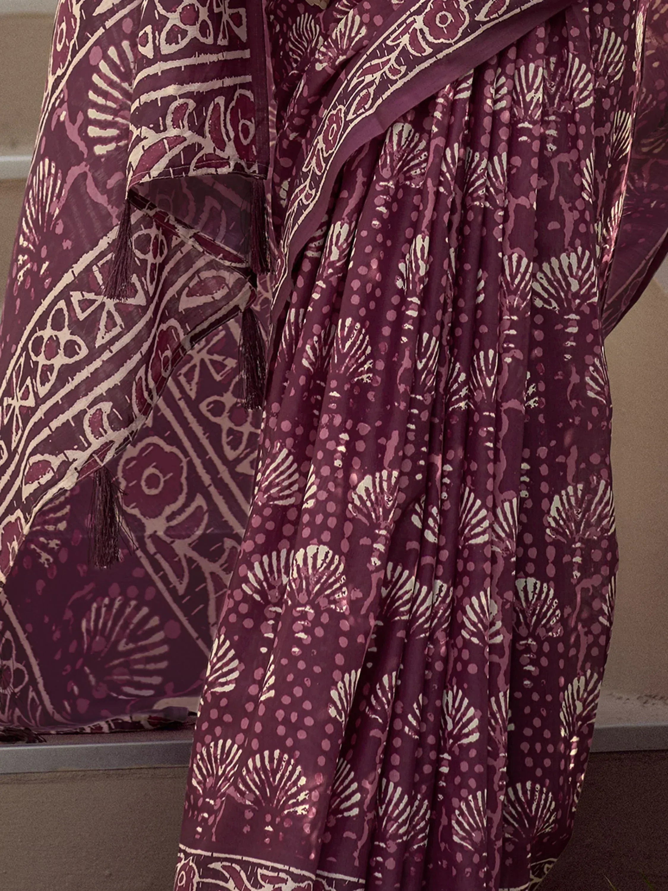 Winsome Wine Printed Mal Mal Silk Office Wear Saree With Blouse