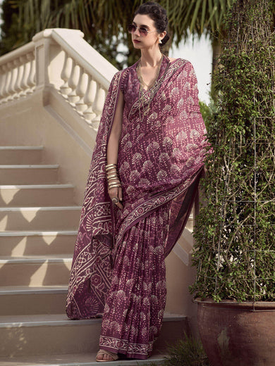 Winsome Wine Printed Mal Mal Silk Office Wear Saree With Blouse