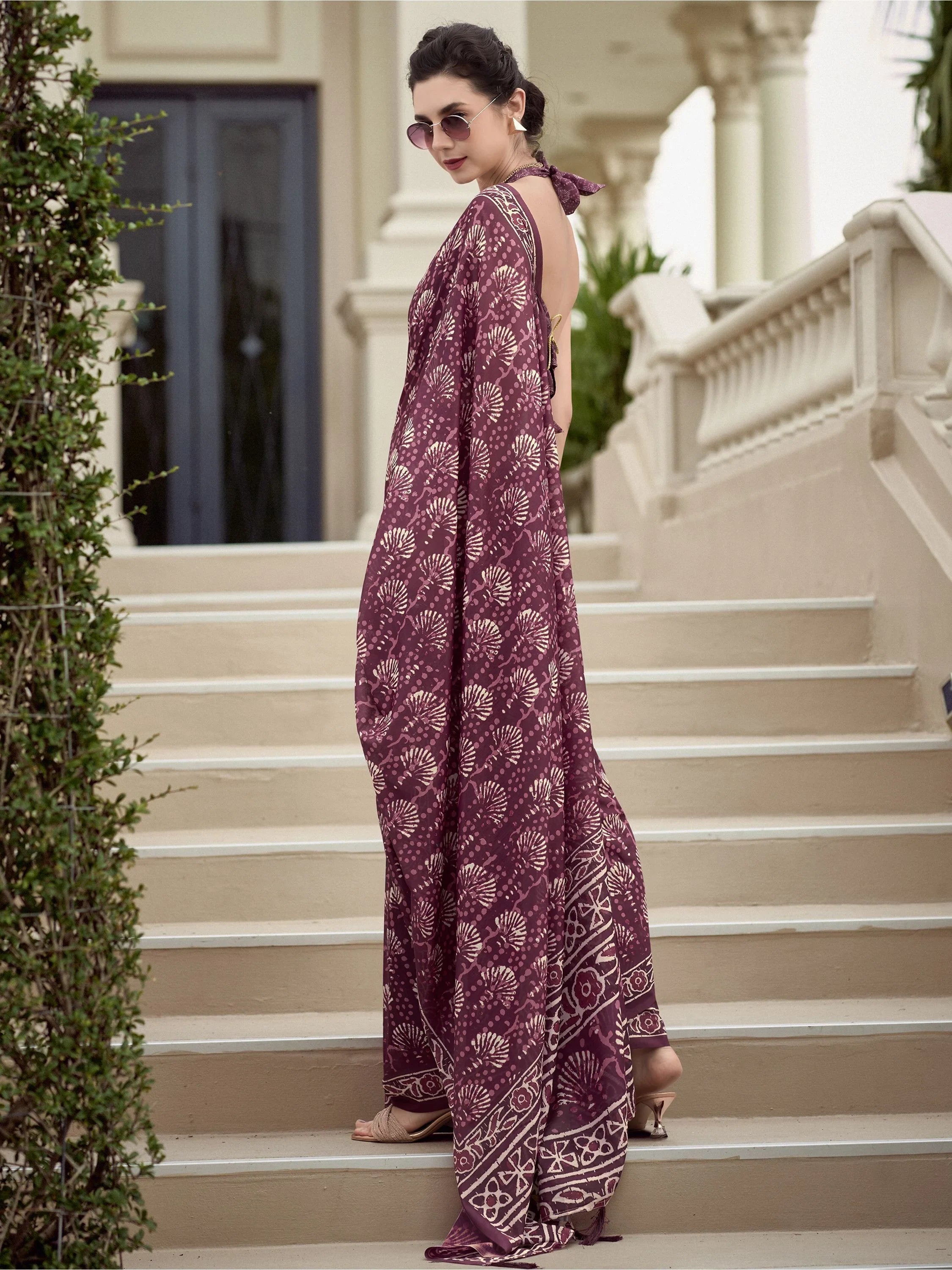 Winsome Wine Printed Mal Mal Silk Office Wear Saree With Blouse