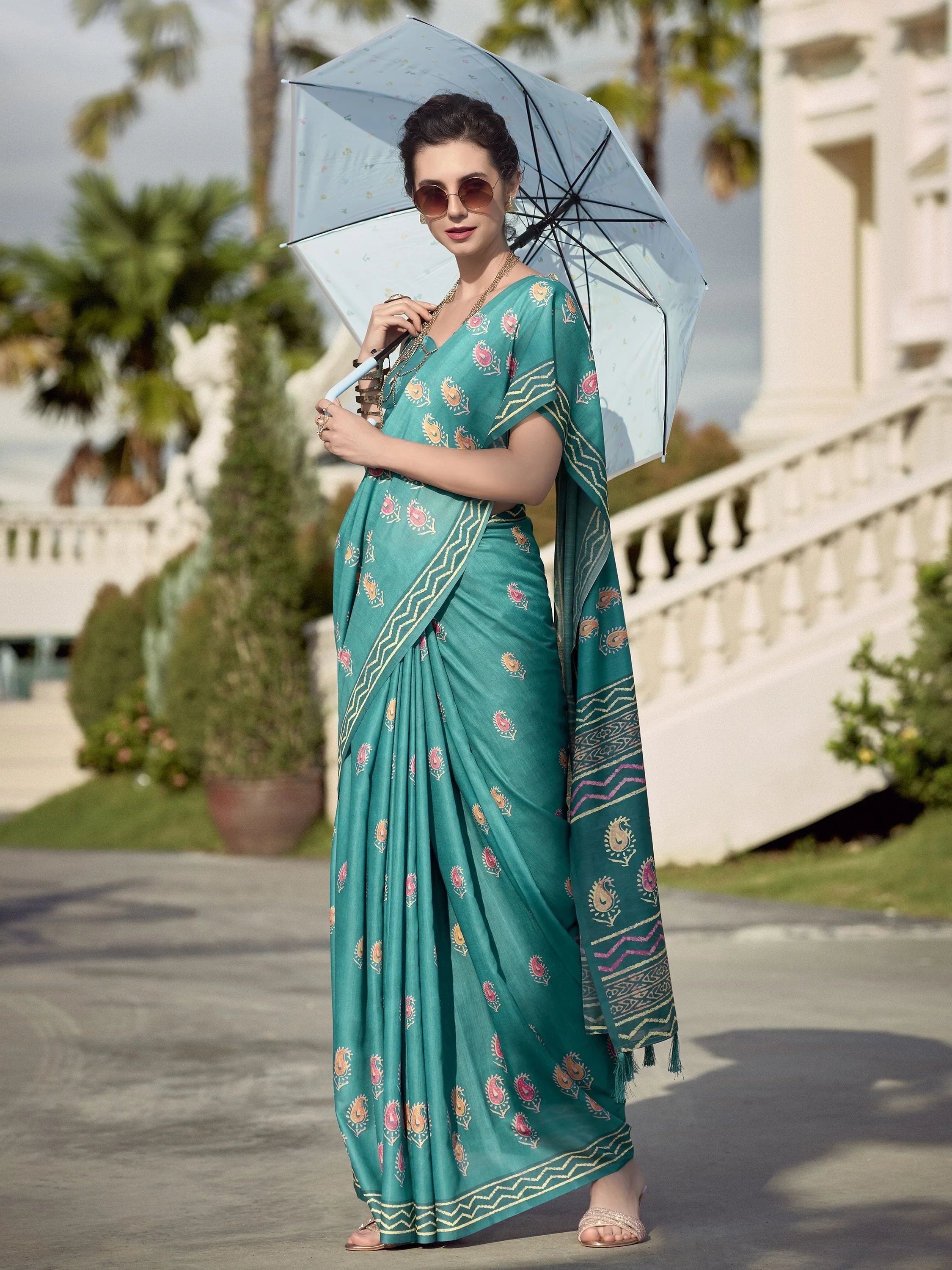 Bringing Sea Green Printed Mal Mal Silk Event Wear Saree With Blouse