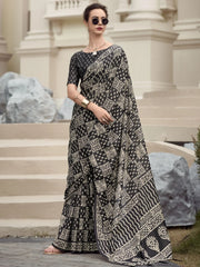 Fantastical Black Printed Mal Mal Silk Function Wear Saree With Blouse