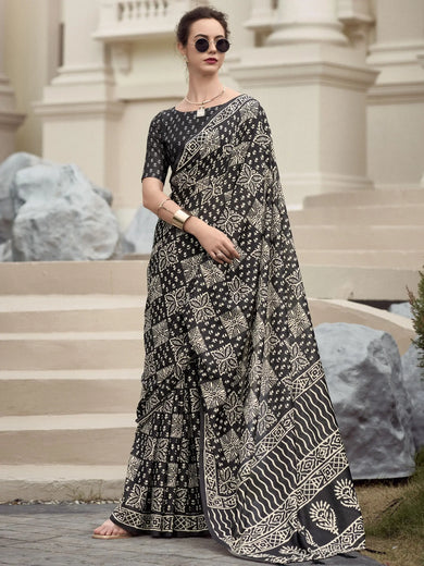 Fantastical Black Printed Mal Mal Silk Function Wear Saree With Blouse