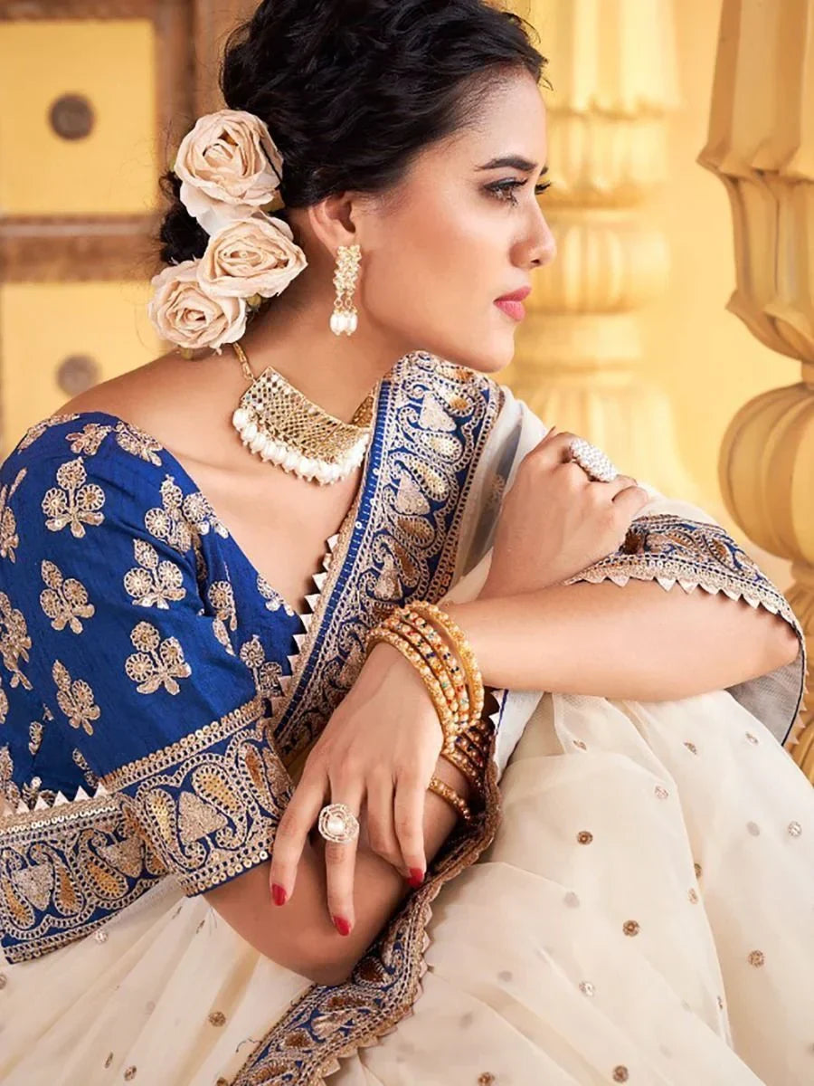 Sensational Cream Sequence Embroidered Organza Saree With Blouse