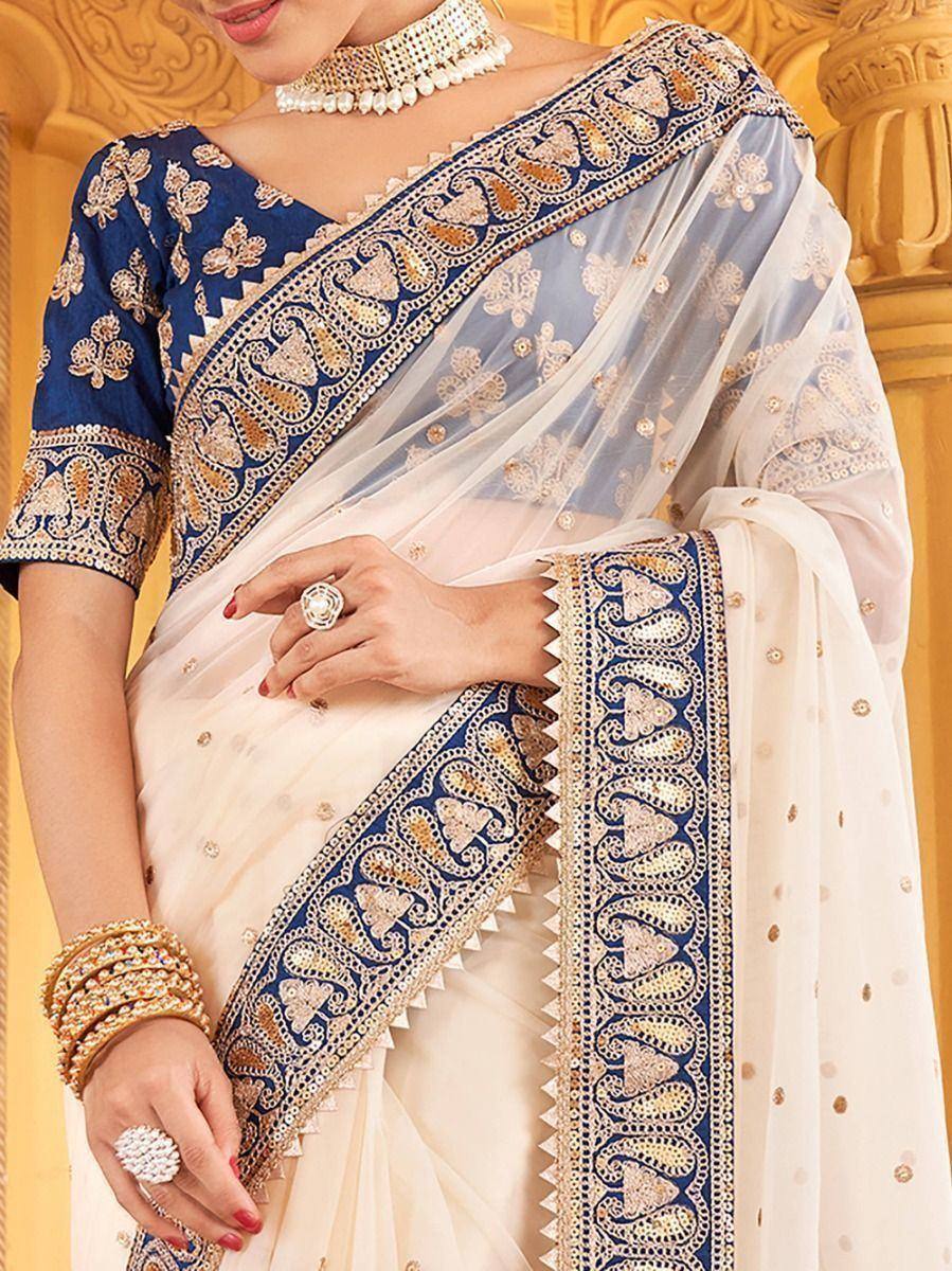 Elegant white saree with blue gold embroidery, designer blouse, ethnic Indian wear