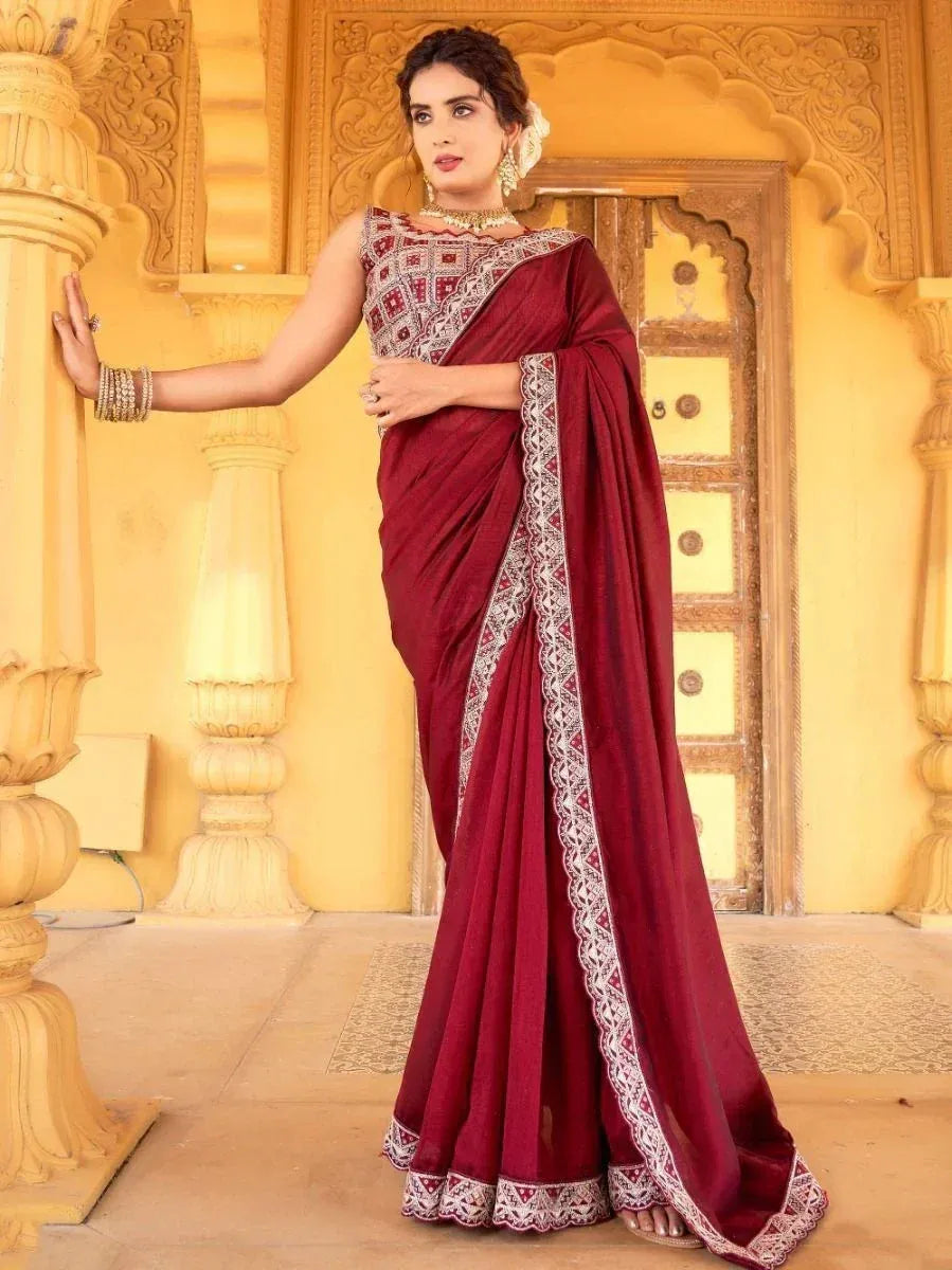 Maroon embroidered saree with white lace border, Indian ethnic wear for women