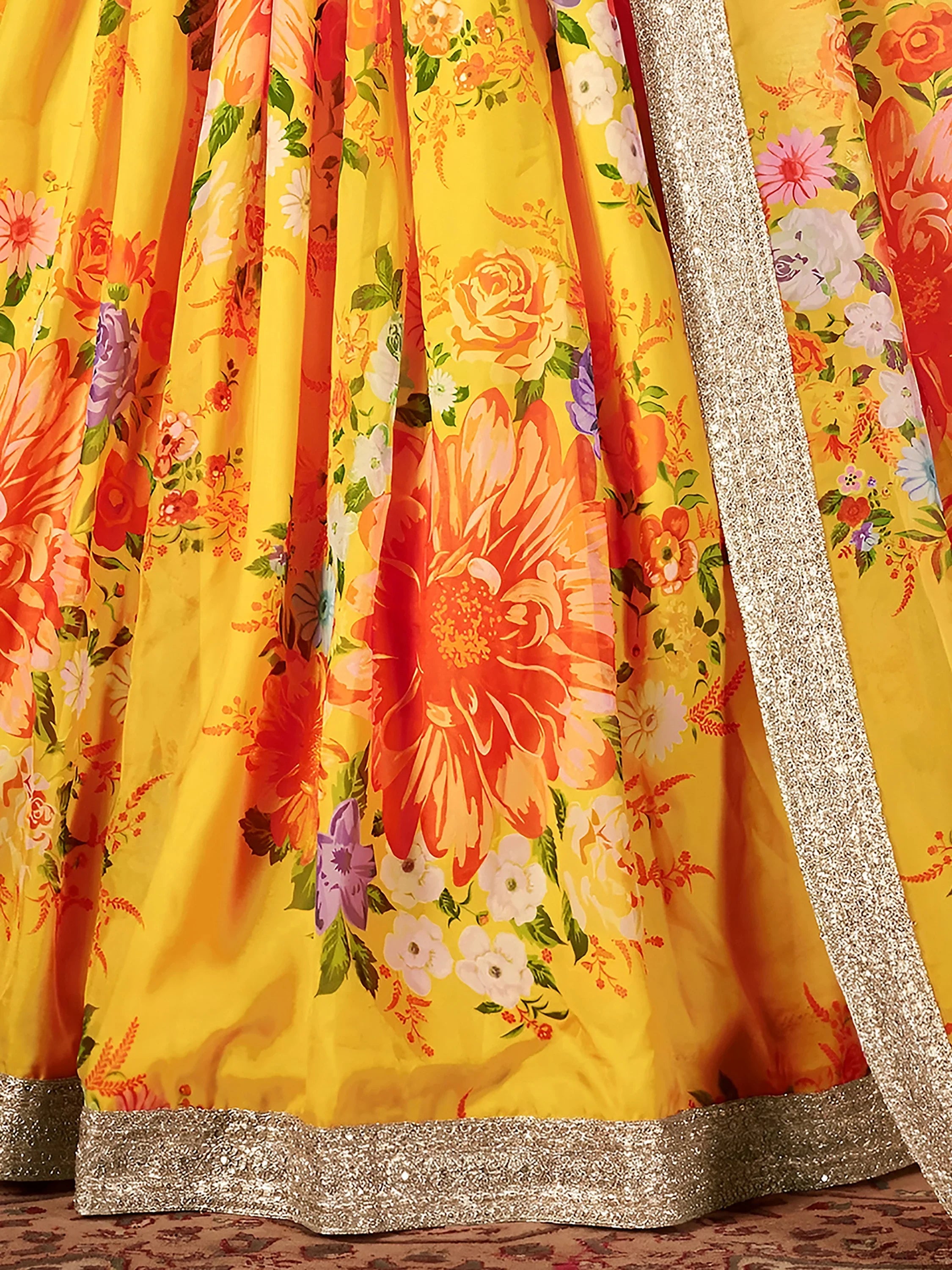 Yellow-Green Floral Digital Printed Organza Bridal Lehenga Choli