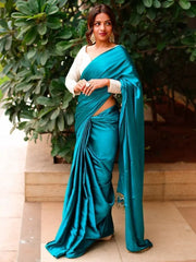 Most Luxury Teal Blue Satin Silk Plain Casual Wear Saree With Blouse