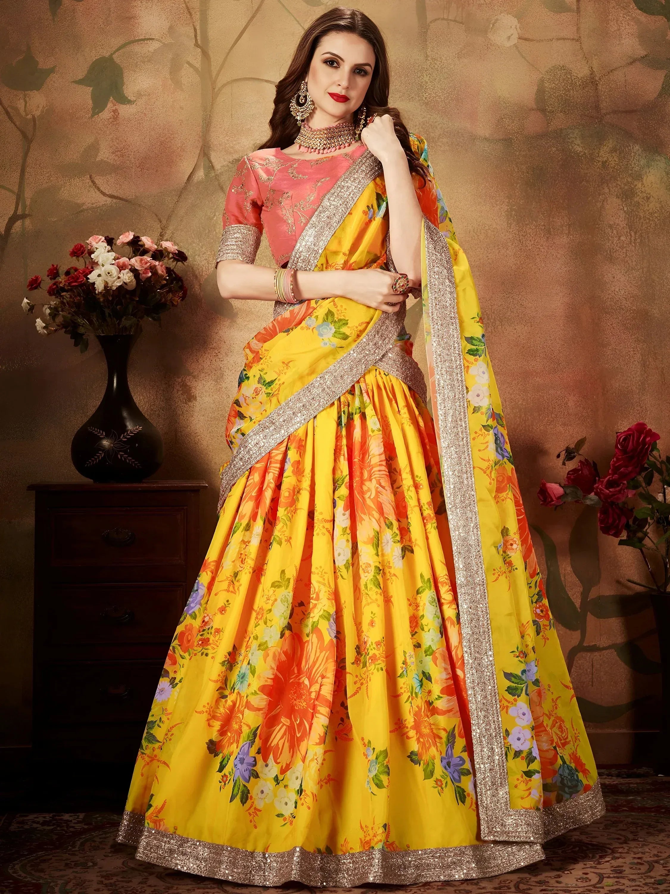 Yellow-Peach Floral Digital Printed Organza Bridal Lehenga Choli