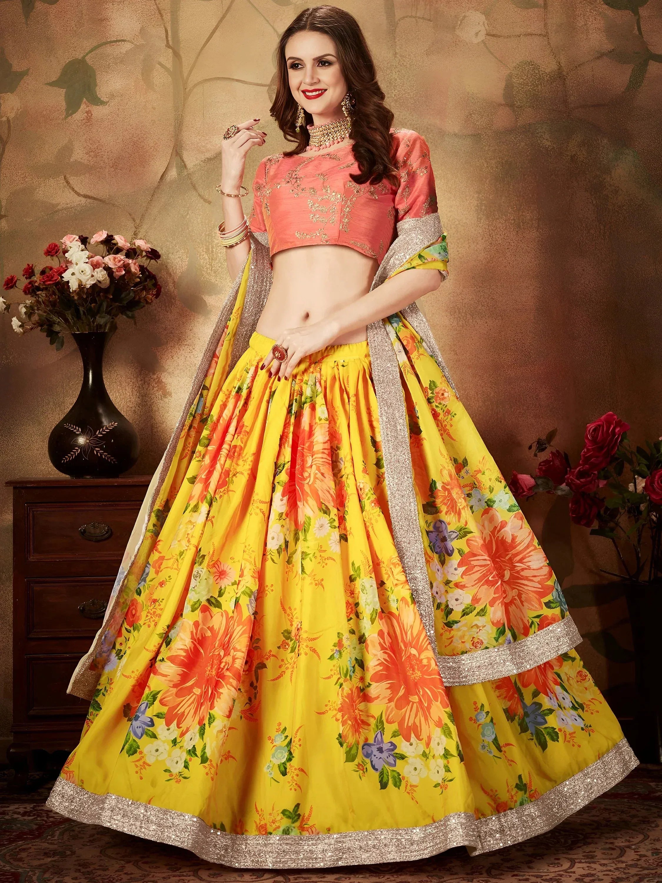 Yellow-Peach Floral Digital Printed Organza Bridal Lehenga Choli