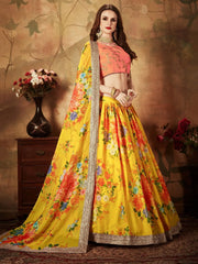 Yellow-Peach Floral Digital Printed Organza Bridal Lehenga Choli