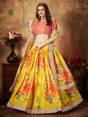 Yellow-Peach Floral Digital Printed Organza Bridal Lehenga Choli