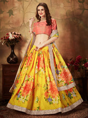 Yellow-Peach Floral Digital Printed Organza Bridal Lehenga Choli
