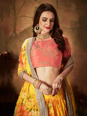 Yellow-Peach Floral Digital Printed Organza Bridal Lehenga Choli