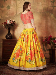 Yellow-Peach Floral Digital Printed Organza Bridal Lehenga Choli