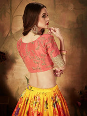 Yellow-Peach Floral Digital Printed Organza Bridal Lehenga Choli