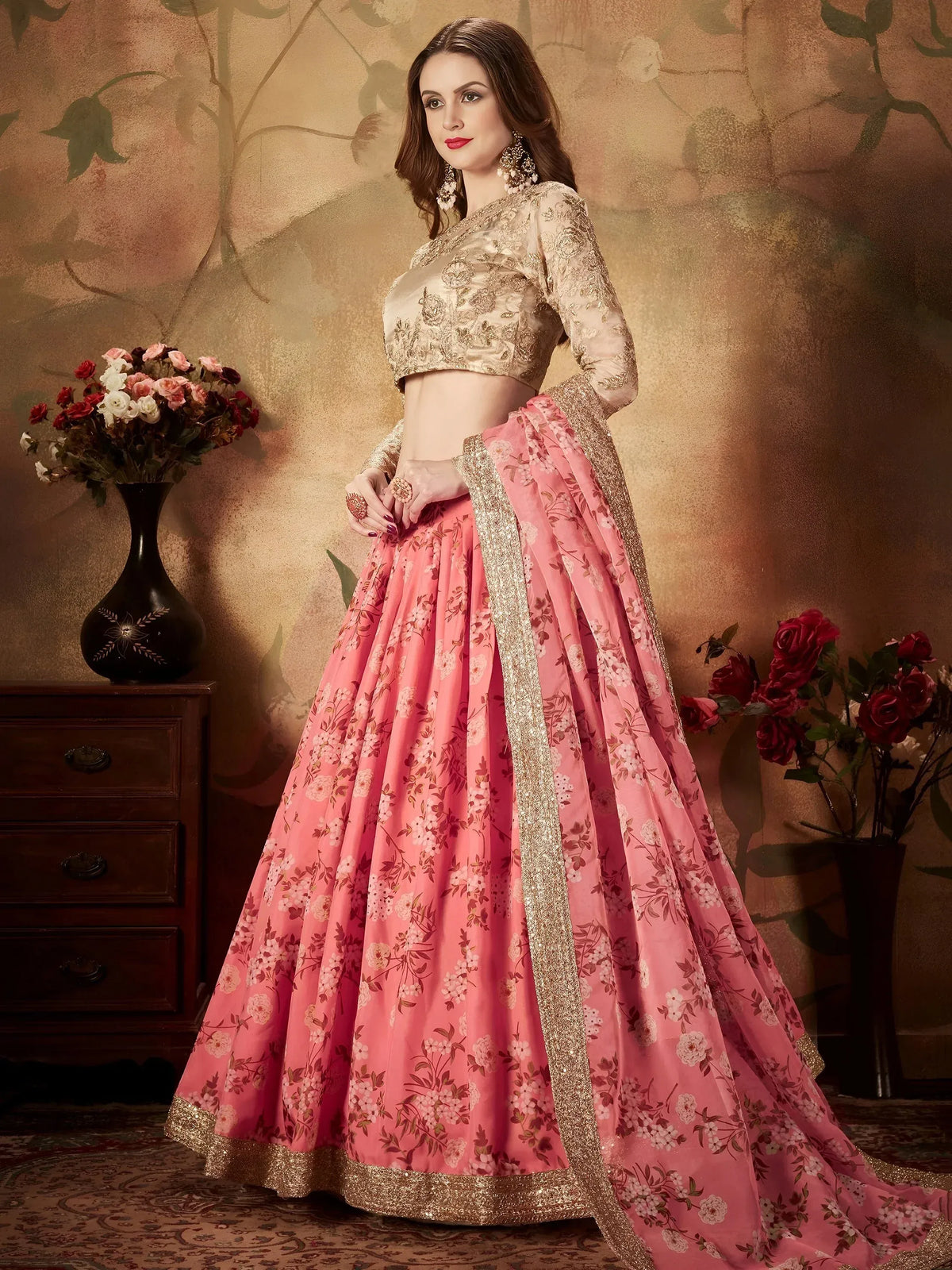 Outstanding Pink Printed Organza Festival Wear Plus Size Lehenga Choli