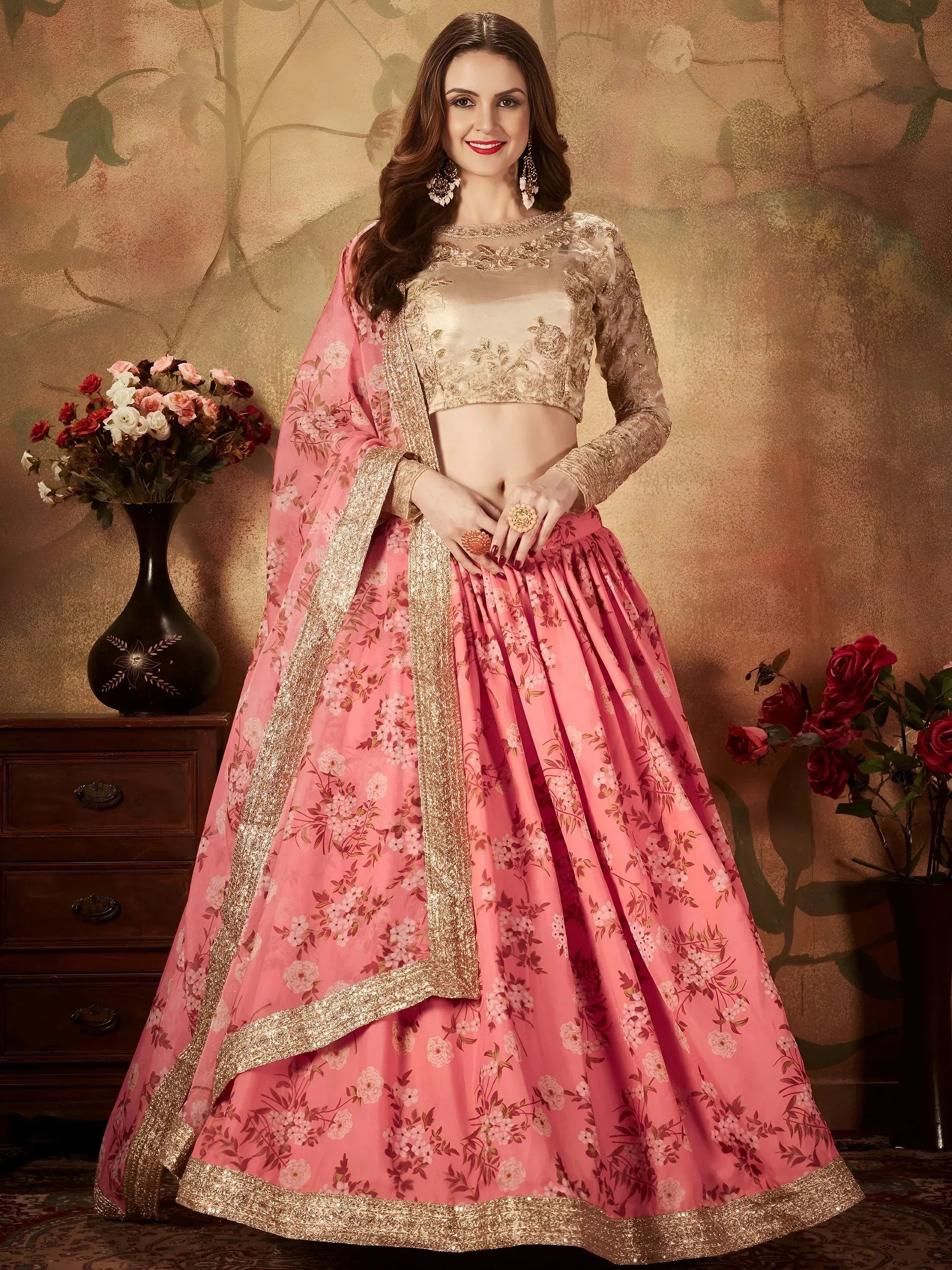 Pink Floral Digital Printed Organza Wedding Wear Lehenga Choli